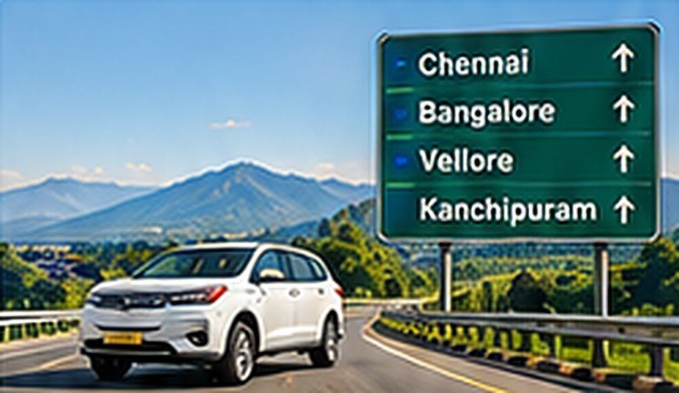 Cab on the highway with signs to Chennai, Bangalore, Vellore and Kanchipuram Cab on the highway with signs to Chennai, Bangalore, Vellore and Kanchipuram